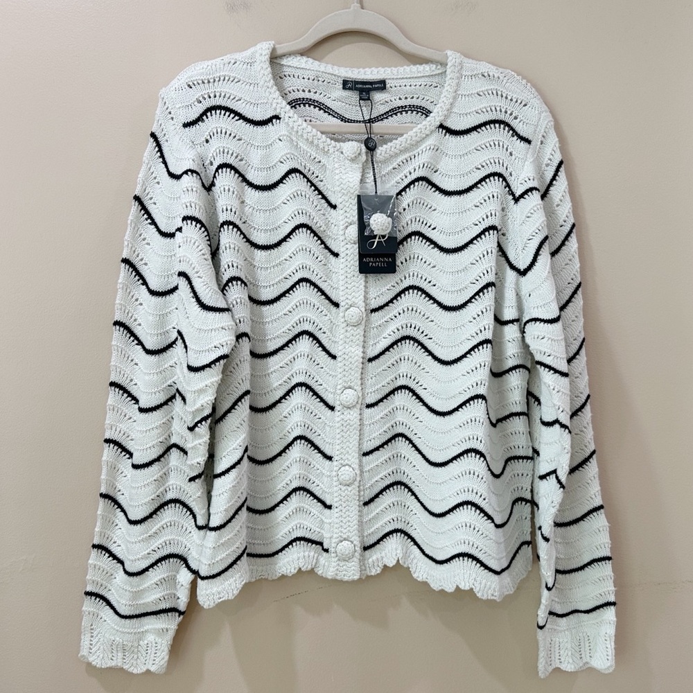 Adrianna Papell Scalloped Crochet Sweater Open Knit Chevron Wave Cardigan XL